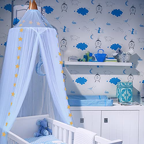 Dosel de Cama para Niños Bebés, Dosel de Princesa de Corona Tienda de Red Mosquito de Estrellas de Cúpula Redonda Toldo de Cuna de Castillo de Dormitorio (Azul Cielo, Hilo de 10 Capas)