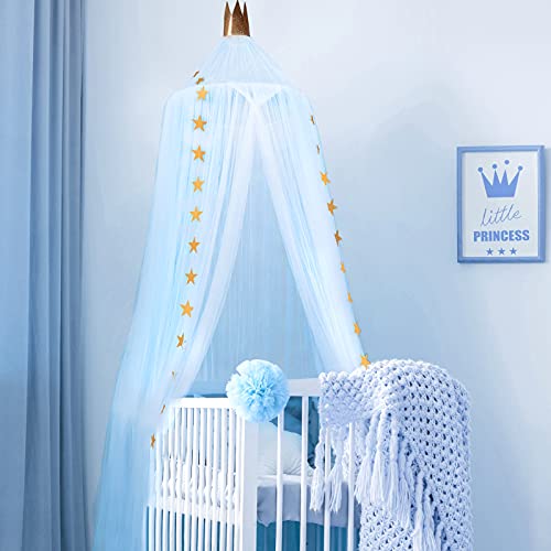 Dosel de Cama para Niños Bebés, Dosel de Princesa de Corona Tienda de Red Mosquito de Estrellas de Cúpula Redonda Toldo de Cuna de Castillo de Dormitorio (Azul Cielo, Hilo de 10 Capas)