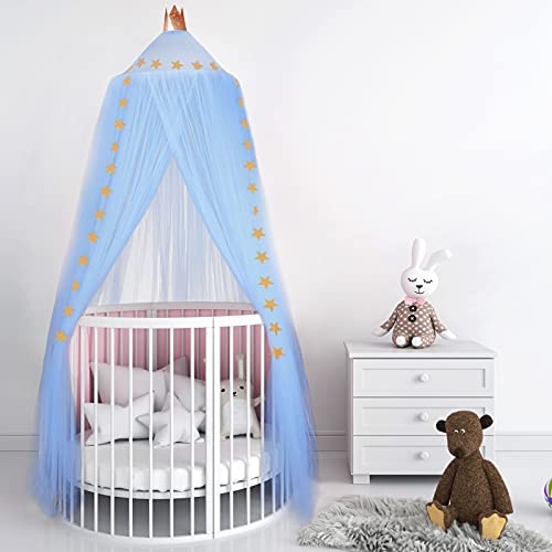 Dosel de Cama para Niños Bebés, Dosel de Princesa de Corona Tienda de Red Mosquito de Estrellas de Cúpula Redonda Toldo de Cuna de Castillo de Dormitorio (Azul Cielo, Hilo de 10 Capas)