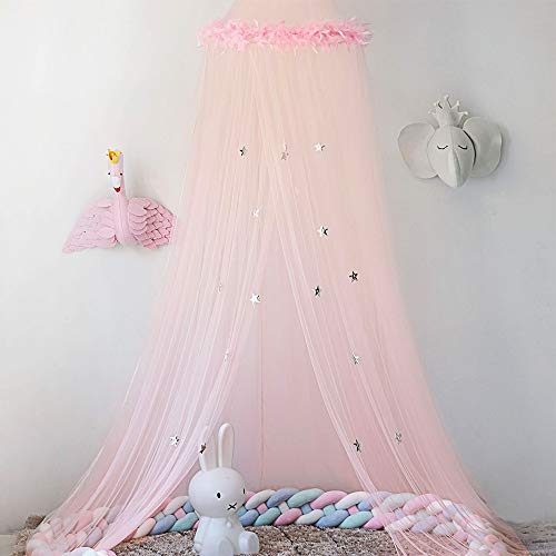 Dosel para cama para niños, cunas para niños, mosquitera con plumas, castillo de dome, tienda de juegos, rincón de lectura, decoración interior de sala de juegos (rosa con plumas)