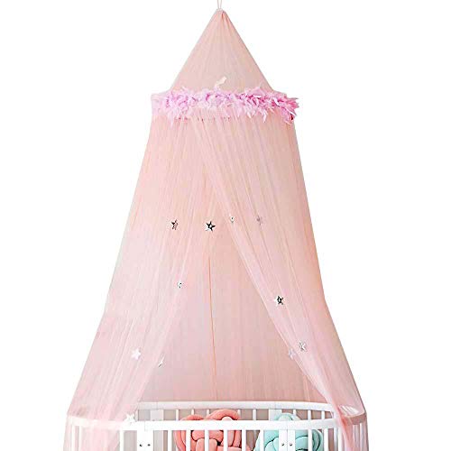 Dosel para cama para niños, cunas para niños, mosquitera con plumas, castillo de dome, tienda de juegos, rincón de lectura, decoración interior de sala de juegos (rosa con plumas)