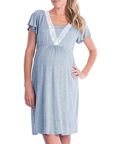 DOTBUY Mujer Camisón, Premamá Lactancia Vestido de Lactancia Maternidad de Noche Camisón Mujeres Embarazadas Ropa de Dormir Pijama Verano Encaje (M, Gris Claro)