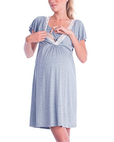 DOTBUY Mujer Camisón, Premamá Lactancia Vestido de Lactancia Maternidad de Noche Camisón Mujeres Embarazadas Ropa de Dormir Pijama Verano Encaje (M, Gris Claro)