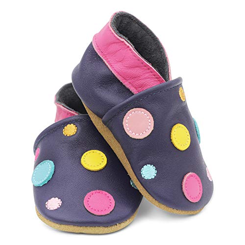 Dotty Fish Zapatos de Cuero Suave para bebés. Antideslizante. Lunares de Color Azul Marino. 6-12 Meses (19 EU)