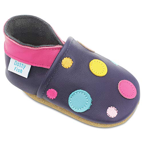 Dotty Fish Zapatos de Cuero Suave para bebés. Antideslizante. Lunares de Color Azul Marino. 6-12 Meses (19 EU)