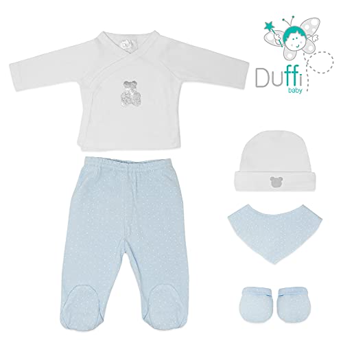 Duffi Baby Set Primera Puesta Bebe Recien Nacido 5 Piezas. Set Regalo Bebe. Conjunto Primera Puesta Bebe con Chaquetita, Polaina, Gorro, Babero y Manoplas. 100% Algodon Modelo Osito Color Azul 0985-12