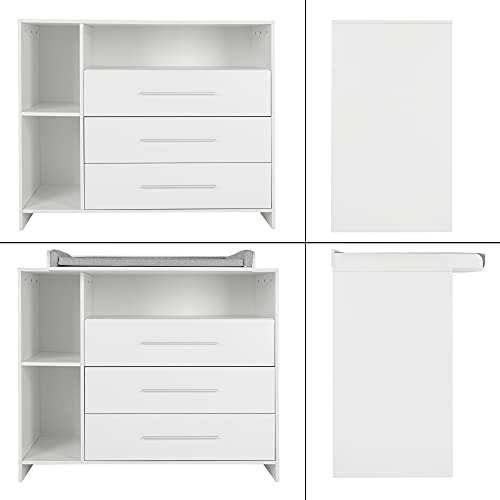 ECD Germany Cambiador con 3 Cajones y 3 Compartimentos Incluidos 113 x 53 x 93 cm Bañera Blanca con Estantes para Bebés Mueble Aglomerado Gran Almacenamiento y Comodidad con Colchón Extraíble