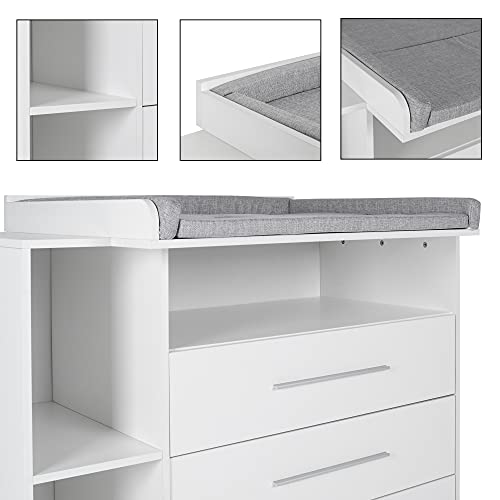 ECD Germany Cambiador con 3 Cajones y 3 Compartimentos Incluidos 113 x 53 x 93 cm Bañera Blanca con Estantes para Bebés Mueble Aglomerado Gran Almacenamiento y Comodidad con Colchón Extraíble