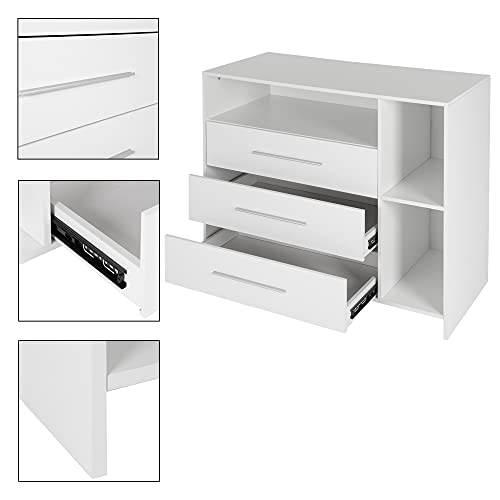 ECD Germany Cambiador con 3 Cajones y 3 Compartimentos Incluidos 113 x 53 x 93 cm Bañera Blanca con Estantes para Bebés Mueble Aglomerado Gran Almacenamiento y Comodidad con Colchón Extraíble