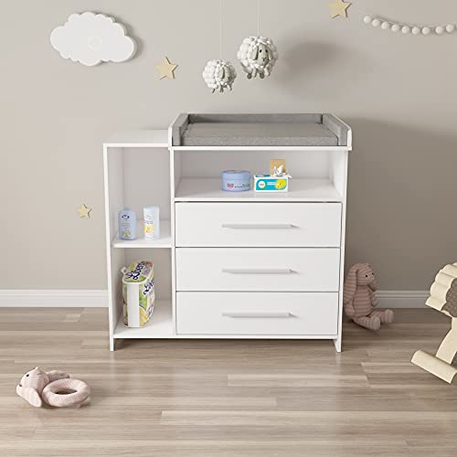 ECD Germany Cambiador con 3 Cajones y 3 Compartimentos Incluidos 113 x 53 x 93 cm Bañera Blanca con Estantes para Bebés Mueble Aglomerado Gran Almacenamiento y Comodidad con Colchón Extraíble