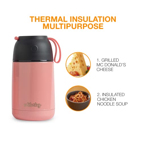 Edibaby, Termo Bebe, Papillero, Comida Bebe, Sólidos y Líquidos, 450ml y 650ml, con Cuchara Incluida, para Alimentos y Bebidas (Rosa, 650 ml)