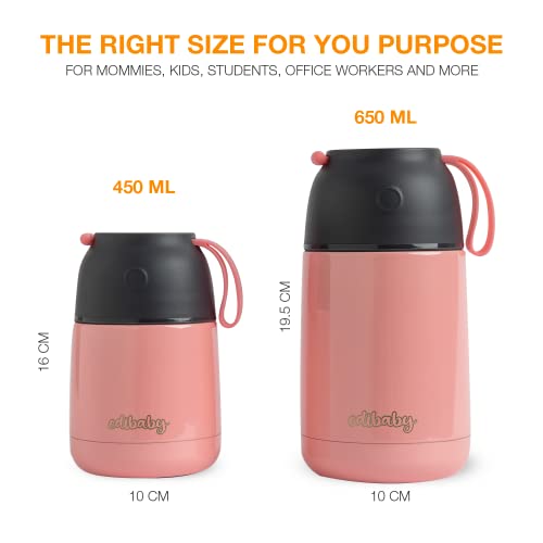 Edibaby, Termo Bebe, Papillero, Comida Bebe, Sólidos y Líquidos, 450ml y 650ml, con Cuchara Incluida, para Alimentos y Bebidas (Rosa, 650 ml)