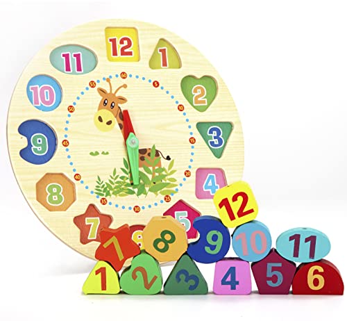 Educativo de Madera Reloj,Reloj Educativo Juguete con Números y Cuerda Formas Educativo Juego para Niños