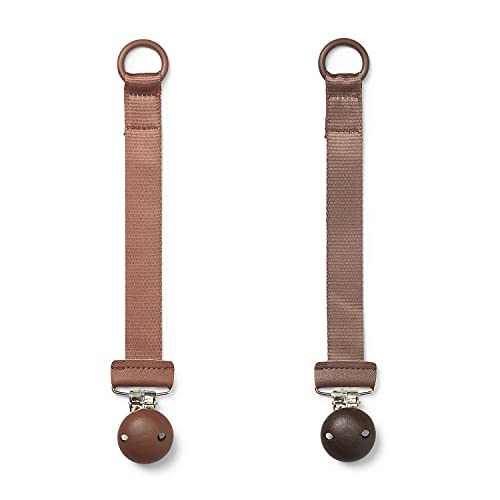 Elodie Details Paquete de 2 Cadenas de Chupete de Tela con Clip de Madera, Chupetero para Bebé y Niño, Anillo de Silicona Universal, se Adapta a Todos los Tipos de Chupetes – Burned Clay/Chocolate