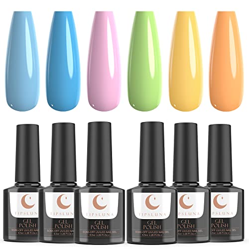 Esmaltes Semipermanentes de Uñas 6 colores, Pintauñas Semipermanentes TipsLuna de 8,5 ml, Azul, Verde, Naranja, Esmalte Permanentes para Uñas UV LED para Primavera, Verano - Brisa de Verano