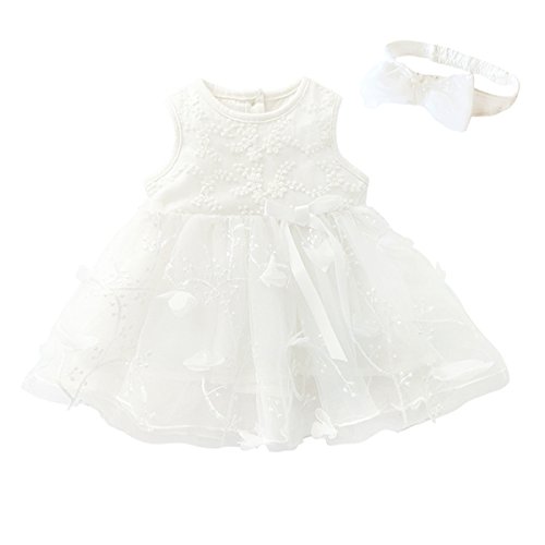 Famuka Bebé Vestido de niña Cordón Festival cumpleaños Formal Vestido (Blanco, 3 Meses)