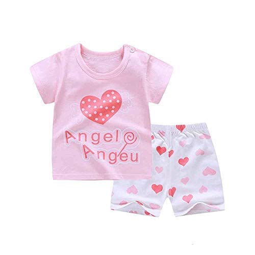 Fansu Pijamas Enteros de Manga Corta para Niños, Pijamas Dos Piezas Bebé Niña Verano Algodón Juego de Pijama Camisetas Pantalones Estampado Animal Carta (Amor de Lunares Rojos,90cm(18-24 Meses))