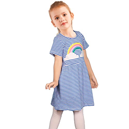 FILOWA Vestidos para Niña Arco Iris Estampados Azul Rayas Algodon Manga Corta Verano Casual Baratos Camiseta Vestidos Infantil 4-5 años, 5T