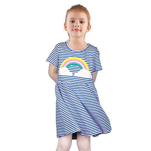 FILOWA Vestidos para Niña Arco Iris Estampados Azul Rayas Algodon Manga Corta Verano Casual Baratos Camiseta Vestidos Infantil 4-5 años, 5T