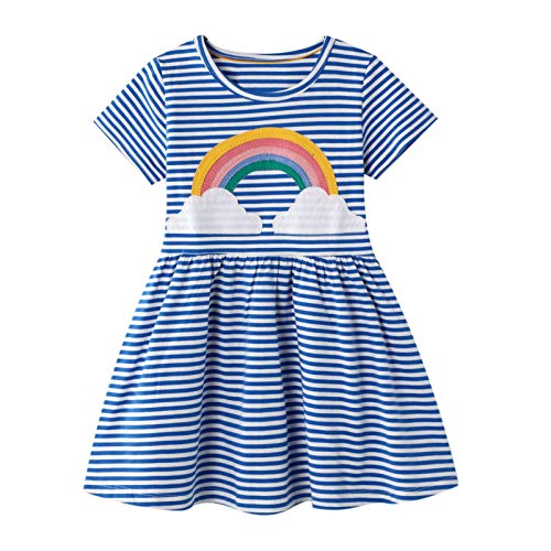 FILOWA Vestidos para Niña Arco Iris Estampados Azul Rayas Algodon Manga Corta Verano Casual Baratos Camiseta Vestidos Infantil 4-5 años, 5T