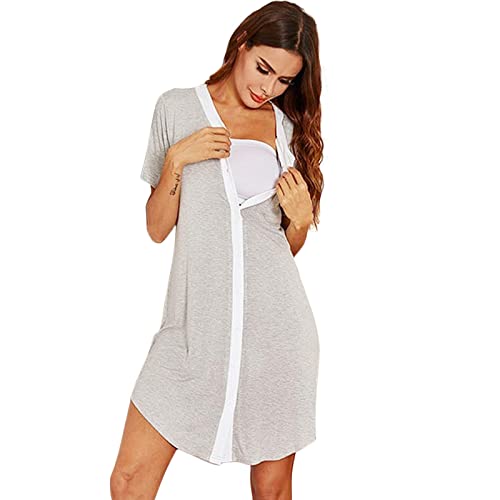 Flysnow Camisón de maternidad para mujer, manga larga/corta, sin mangas, ropa de dormir, embarazo, lactancia, lactancia, camisón, vestido de hospital, vestido de entrega, S-2XL, gris, L