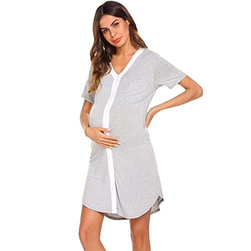 Flysnow Camisón de maternidad para mujer, manga larga/corta, sin mangas, ropa de dormir, embarazo, lactancia, lactancia, camisón, vestido de hospital, vestido de entrega, S-2XL, gris, L