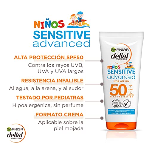 Garnier Delial Niños Sensitive Advanced - Protector Solar Leche Wet Skin para Pieles Claras, Sensibles e Intolerantes al Sol, IP50-150 ml