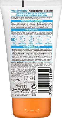 Garnier Delial Niños Sensitive Advanced - Protector Solar Leche Wet Skin para Pieles Claras, Sensibles e Intolerantes al Sol, IP50-150 ml