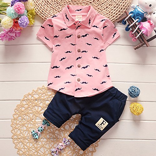 Geagodelia Conjunto Niños Bebés Verano Gentleman Camiseta de Manga Corta Pantalón Corto Ropa Bautizo de 2 Piezas (Barba-Rosa, 2-3 Años)