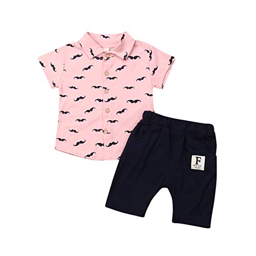 Geagodelia Conjunto Niños Bebés Verano Gentleman Camiseta de Manga Corta Pantalón Corto Ropa Bautizo de 2 Piezas (Barba-Rosa, 2-3 Años)