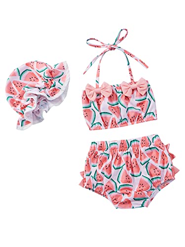 Geagodelia Disfraz de baño para bebé con volantes flamencos estampado Tirante Lazo con Capestro Disfraces Mar Bimba con sombrero Juego de ropa de verano, Rosa, 6-12 meses