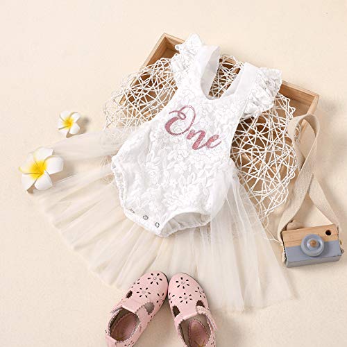 Geagodelia Vestido de pelele para bebé de cumpleaños, de encaje, de manga corta, de verano, de princesa, vestido de niña, bautizo, elegante Color blanco. 3-6 meses