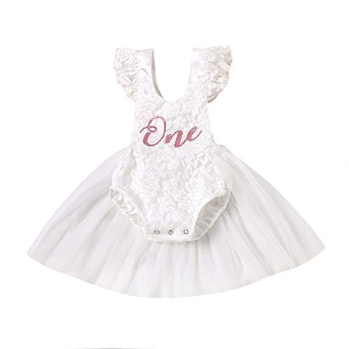 Geagodelia Vestido de pelele para bebé de cumpleaños, de encaje, de manga corta, de verano, de princesa, vestido de niña, bautizo, elegante Color blanco. 3-6 meses