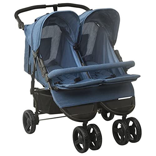 Gecheer Carrito para Gemelos Silla de Paseo Gemelar Cochecito Doble para Gemelos Reclinable y Plegable de Acero Azul Marino