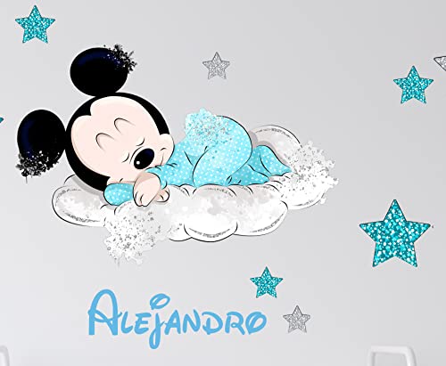 Genérico Vinilo Decorativo Adhesivo Infantil de Pared Vinilo Personalizado Infantil con Nombre Mickey y Minie Mouse Bebe Nube – Varias Medidas – Habitación Infantil (Azul, 60)