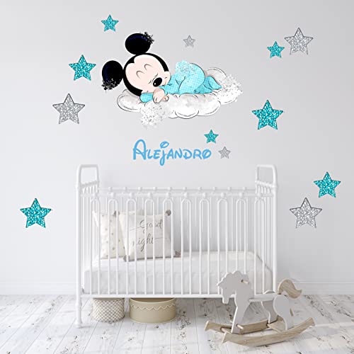 Genérico Vinilo Decorativo Adhesivo Infantil de Pared Vinilo Personalizado Infantil con Nombre Mickey y Minie Mouse Bebe Nube – Varias Medidas – Habitación Infantil (Azul, 60)