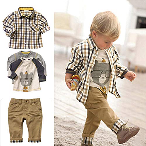 ggudd Niño Bebé Tartán Tops y Koala Impreso Camisa y Pantalones 3pcs Conjuntos de Ropa (Caqui, 2-3 años)