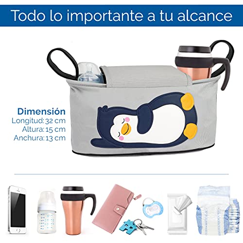 GLÜCKSWOLKE Bolso Carrito Bebe - 6 Motivos I Organizador para Coche de Paseo I Accesorios para Cochecito para Mama I Bolsa Carro Gris I Bolsos Sillas de Paseo I Motivo Pingüino