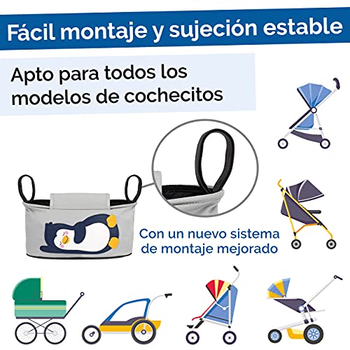 GLÜCKSWOLKE Bolso Carrito Bebe - 6 Motivos I Organizador para Coche de Paseo I Accesorios para Cochecito para Mama I Bolsa Carro Gris I Bolsos Sillas de Paseo I Motivo Pingüino