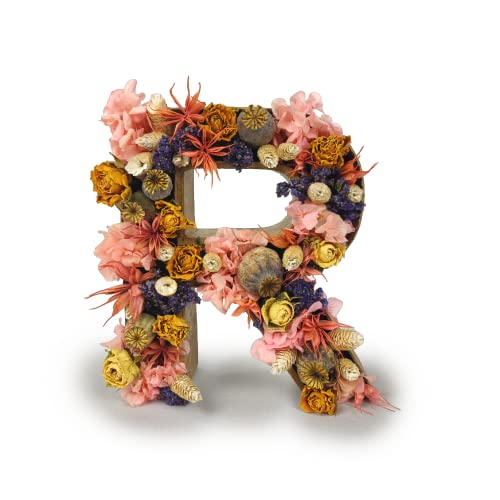 Halcykon - Letras Decorativas con Flores Secas Naturales y Preservadas (A-Z). Ideal como Decoración para el Hogar. Regalo Original y Único (Letra R)