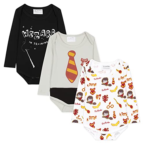 HARRY POTTER Body Bebe Manga Larga, Ropa Bebe 100% Algodón, Regalos Bebe Recien Nacido Pack de 3 (3-6 Meses)