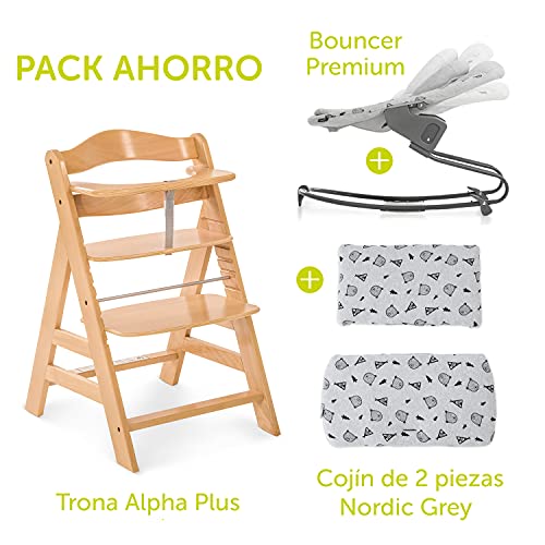 Hauck Alpha Plus Newborn Set Premium - Trona evolutiva Madera con Hamaca recién nacidos - Trona bebe con cojín de asiento en algodón - Trona convertible - Natur Nordic Grey