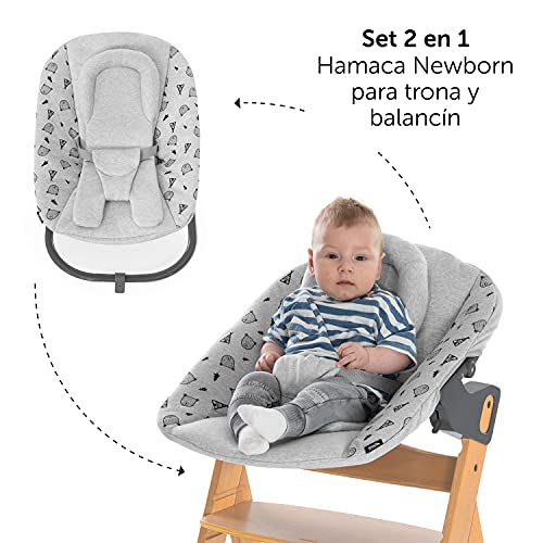 Hauck Alpha Plus Newborn Set Premium - Trona evolutiva Madera con Hamaca recién nacidos - Trona bebe con cojín de asiento en algodón - Trona convertible - Natur Nordic Grey