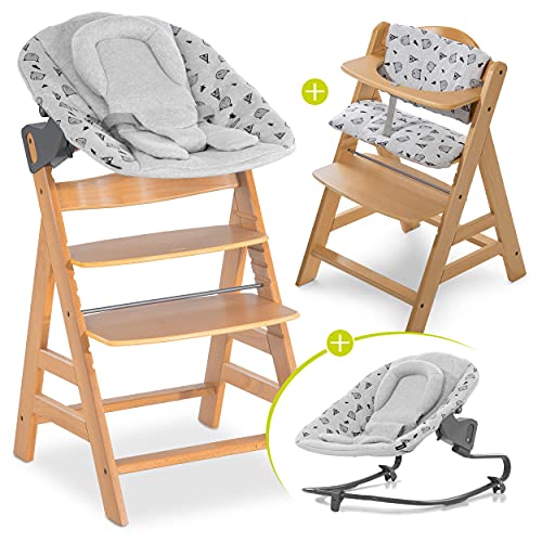 Hauck Alpha Plus Newborn Set Premium - Trona evolutiva Madera con Hamaca recién nacidos - Trona bebe con cojín de asiento en algodón - Trona convertible - Natur Nordic Grey