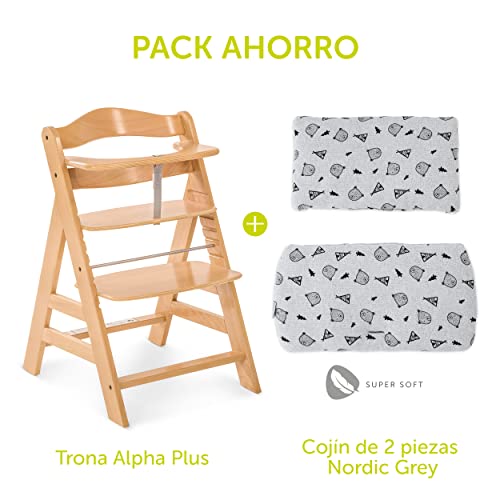 Hauck Alpha Plus - Trona evolutiva madera - Trona bebe con arnés y cojín - Trona convertible - - Natur Nordic Grey