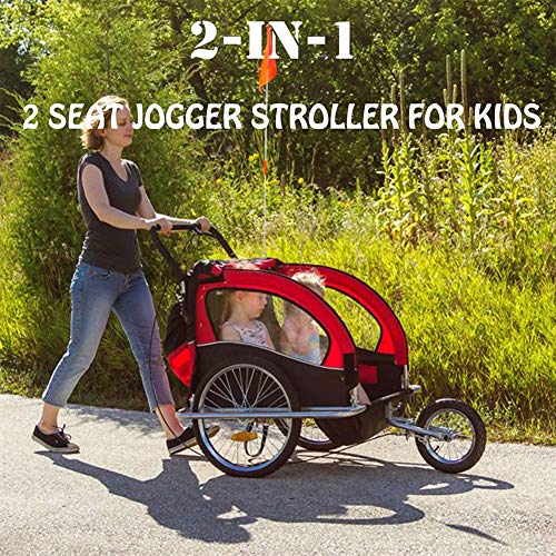 HBIAO Remolque de Bicicleta para niños, 2-en-1 Doble 2 Asiento Bicicleta Remolque para Bicicleta Jogger Cochecito, Remolque para Bicicleta Jogger para 1 a 2 niños como máximo,Rojo