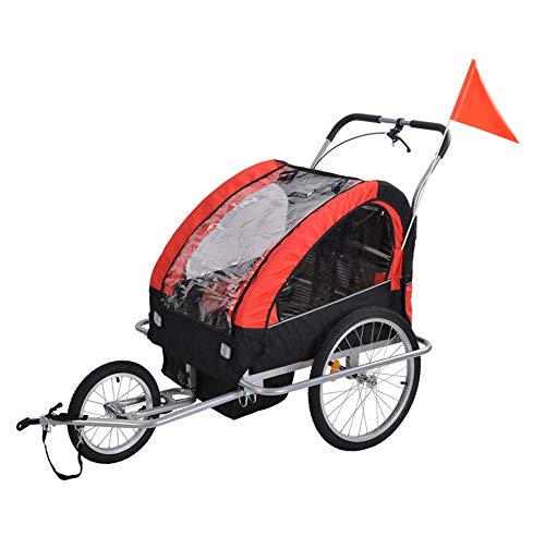 HBIAO Remolque de Bicicleta para niños, 2-en-1 Doble 2 Asiento Bicicleta Remolque para Bicicleta Jogger Cochecito, Remolque para Bicicleta Jogger para 1 a 2 niños como máximo,Rojo