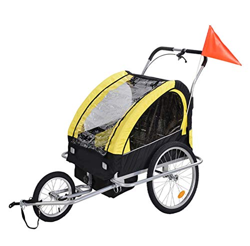 HBIAO Remolque de Bicicleta para niños, 2-en-1 Doble 2 Asiento Bicicleta Remolque para Bicicleta Jogger Cochecito, Remolque para Bicicleta Jogger para 1 a 2 niños como máximo,Amarillo