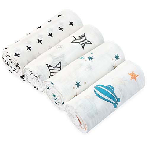 HBselect Mantas Muselinas Bebe Algodon,Set 4 Piezas Mantas Envolventes Muselinas Para Dormir,Toalla De Baño Bebe Niño,Gasas Muselina Bebe Niñas