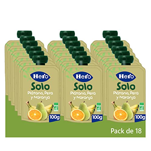 Hero Solo Bolsitas Ecológicas de Plátano, Pera y Naranja - Para Bebés a Partir de los 4 Meses - Pack de 18 x 100 g